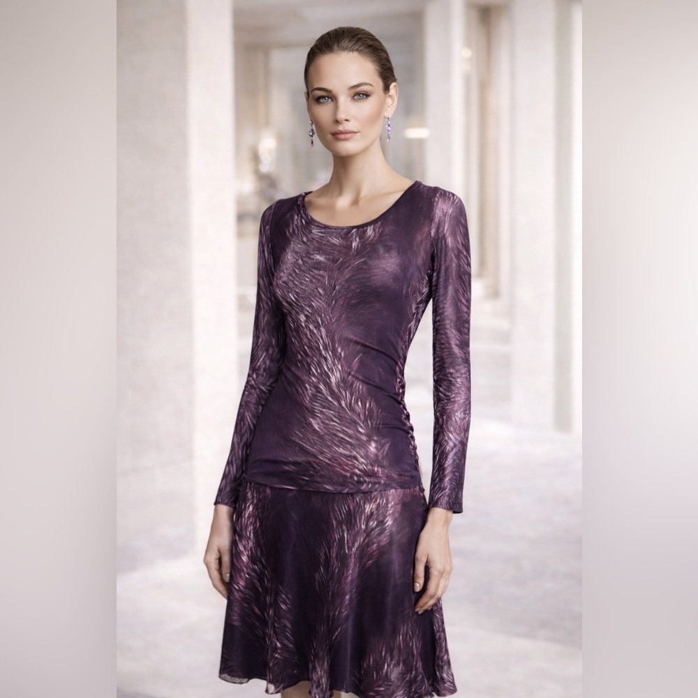 FUZZI Womens Purple Dress Sz L Long Sleeve Stretch Mesh Ruched Scoop Neck